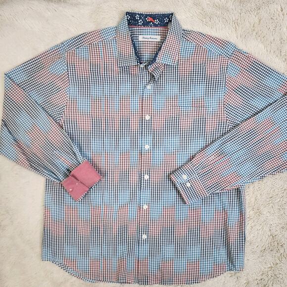 Tommy Bahama Shirt Mens Large Gingham Marlin Flip Cuff Button Down Long Sleeve - Picture 1 of 8